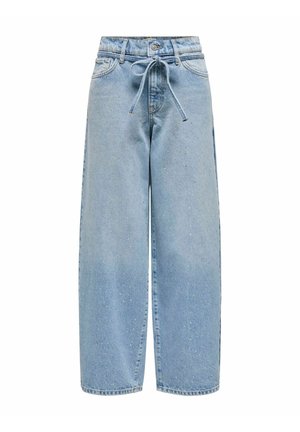 Svetlo modri kavbojasti široki hlače z vezanim pasom, petimi žepi in rahlo poškodovanim izgledom z majhnimi pikami po celotni površini.