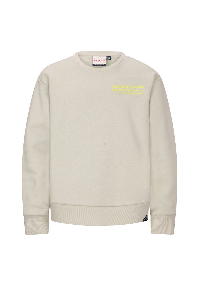Jasnobeżowy sweatshirt wykonany z miękkiego materiału, z okrągłym dekoltem, długimi rękawami, ściągaczami przy rękawach oraz nadrukowanym żółtym tekstem z przodu.