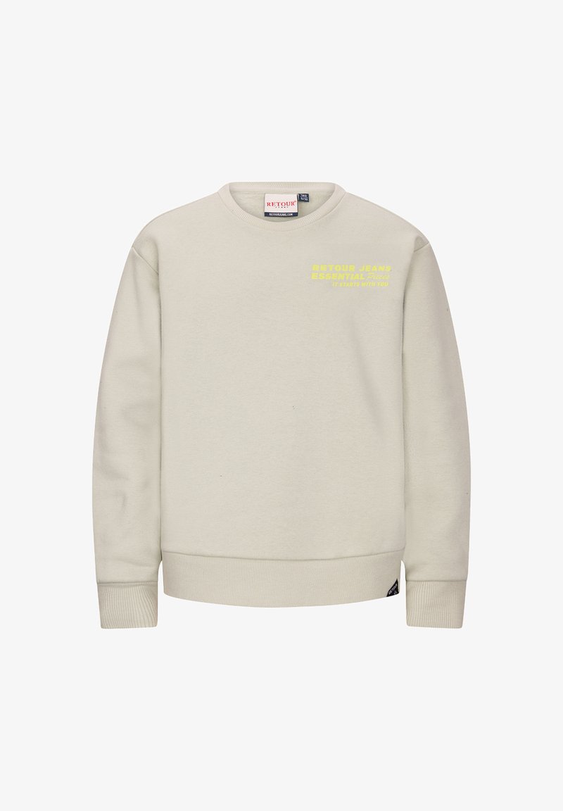 Felpa beige chiaro realizzata in tessuto morbido, con collo tondo, maniche lunghe, polsini a coste e testo stampato in giallo sul davanti.