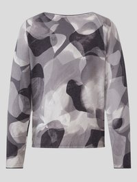 Long-sleeve top in a lightweight, soft fabric with an abstract black, gray, and white pattern; relaxed fit and rounded neckline.