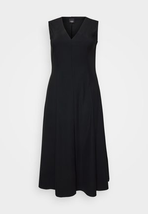Black sleeveless dress with a V-neck, A-line silhouette, made of smooth fabric. Features a simple design with no additional patterns or embellishments.