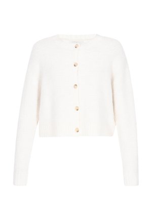 Cardigan blanc court fabriqué en maille texturée, avec un col rond et six boutons en bois sur le devant.