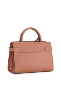 Borsa in pelle color cuoio con forma strutturata, dotata di due manici superiori, cuciture a contrasto e un design elegante e minimale.