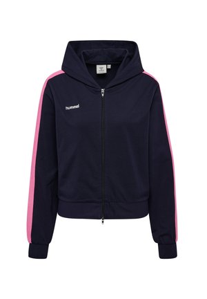 Marineblauwe hoodie met rits, roze strepen op de mouwen, elastische manchetten en het hummel-logo op de linkerborst.