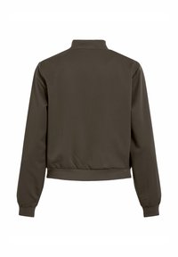 Brun bomberjakke med ribbet krage og mansjetter, med glatt tekstur og elastisk midjebånd, designet for en avslappet passform.