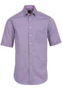 Camicia button-up a maniche corte in tessuto viola chiaro, con tasca, colletto standard e bottoni bianchi con un accento a fantasia.