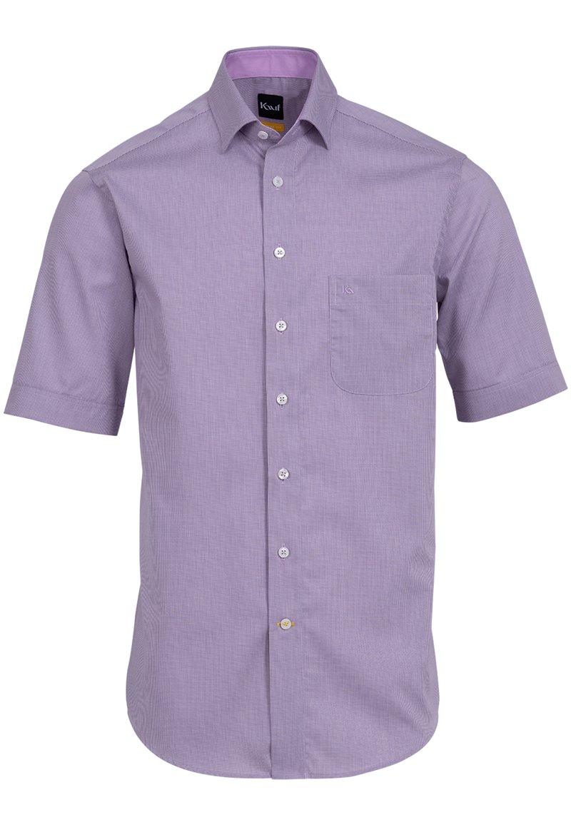Camicia button-up a maniche corte in tessuto viola chiaro, con tasca, colletto standard e bottoni bianchi con un accento a fantasia.