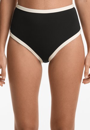 Black high-waisted bikini bottom with a contrasting cream waistband. Smooth texture, seamless design, and moderate coverage.
