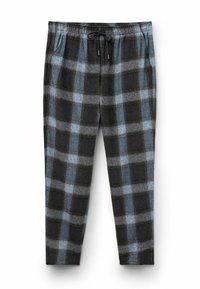 Svarta och blå rutiga pyjamasbyxor med elastisk midja, snörning i midjan och sidofickor; mjukt tyg med en mysig textur.