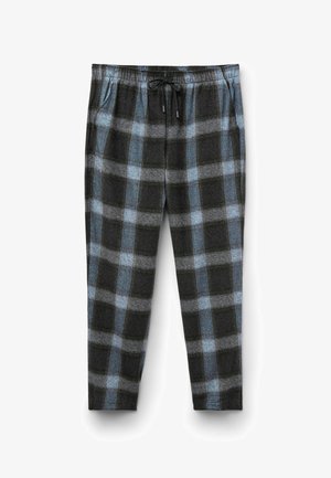 Schwarz-blaue karierte Schlafanzughosen mit elastischem Bund, Kordelzug und Seitentaschen; weicher Stoff mit einer gemütlichen Textur.