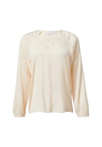 Cremefarbige Bluse mit langen Ärmeln, V-Ausschnitt und Knopfverschluss. Hergestellt aus leichtem Stoff mit glatter Textur und gerafften Manschetten.