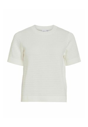 Pull en maille blanc à manches courtes avec côtes horizontales texturées, col rond, poignets et ourlet ajustés.