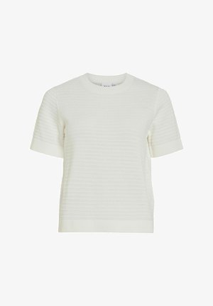 Witte korte mouw gebreide trui met textuur van horizontale ribbels, ronde halslijn, en aansluitende manchetten en zoom.