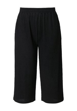 Zwarte, geplooide brede broek met een elastische tailleband, gemaakt van een textuurstof en met een cropped lengte, ontworpen voor comfort en gemak.
