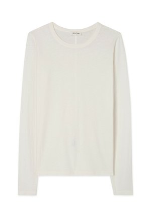 Long-sleeve shirt in off-white, made of soft fabric. Round neckline with minimal seams, features a relaxed fit and lightweight texture.