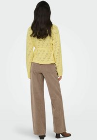 Cardigan jaune tricoté avec un motif ajouré, associé à un pantalon large en velours côtelé marron. Modèle de dos, montrant les détails du pull.