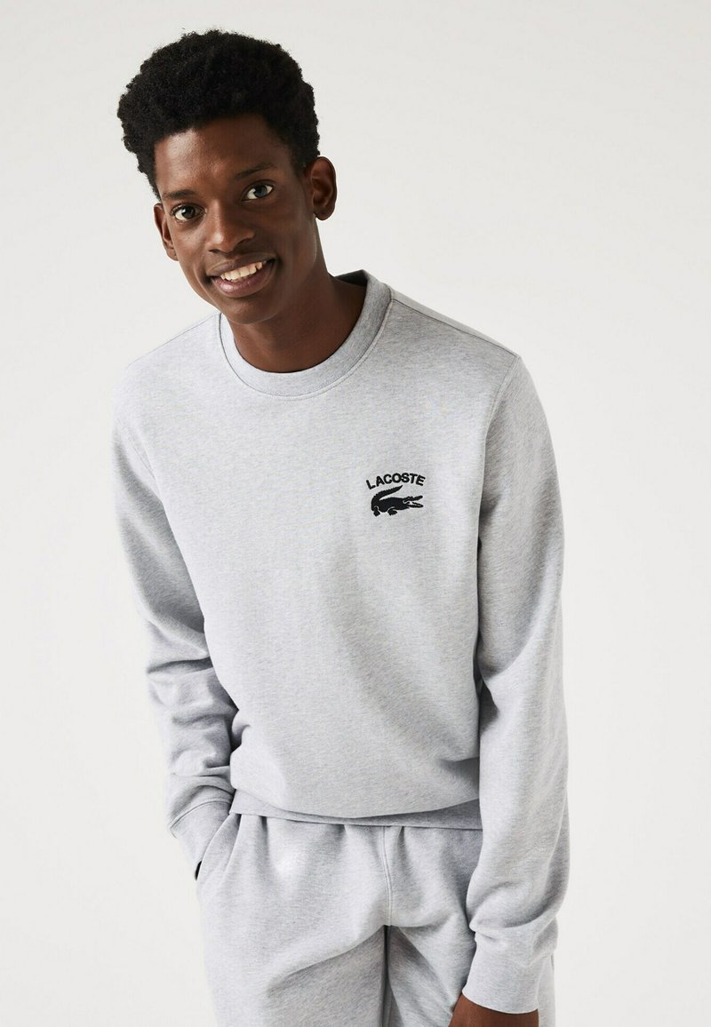 Sweatshirt gris en tissu doux, avec un col rond et des manches longues. Logo noir brodé notable sur la poitrine.