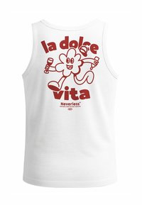 Weißes Tanktop mit einem verspielten grafischen Design. Der Rücken zeigt "la dolce vita" in Rot, mit einer Cartoon-Blume, die Gegenstände hält.
