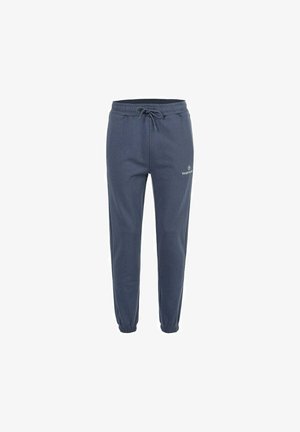 Navyblaue Jogginghose mit elastischem Bund, Kordelzug, Bündchen an den Knöcheln und kleinem weißen "Sergio Tacchini" Logo am linken Oberschenkel.