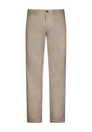 Beige Baumwollhose mit geradem Beinschnitt, ausgestattet mit einem einfachen Knopfverschluss und sauberer Nahtführung für ein glattes Finish.