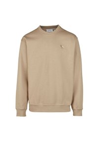 Beige sweatshirt made from soft fabric featuring a round neckline and long sleeves. A small bird logo is embroidered on the chest.
