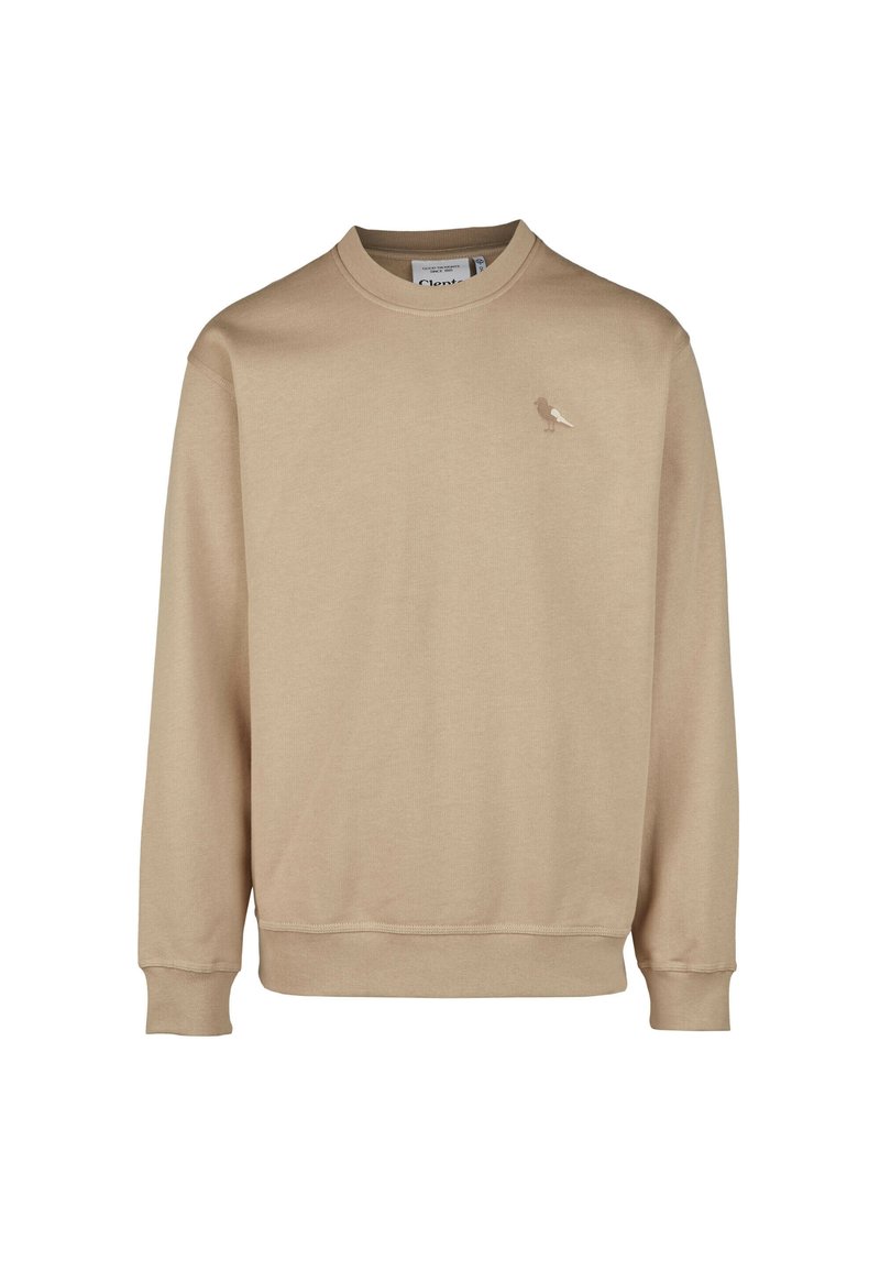 Beige sweatshirt made from soft fabric featuring a round neckline and long sleeves. A small bird logo is embroidered on the chest.