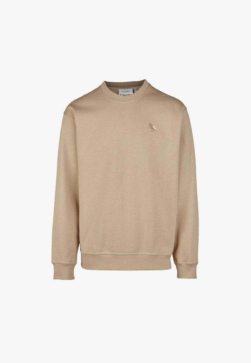 Beige sweatshirt made from soft fabric featuring a round neckline and long sleeves. A small bird logo is embroidered on the chest.