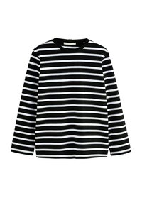 Schwarzes und weißes gestreiftes Langarmshirt mit Rundhalsausschnitt. Hergestellt aus weichem Stoff mit gleichmäßig angeordneten horizontalen Streifen.