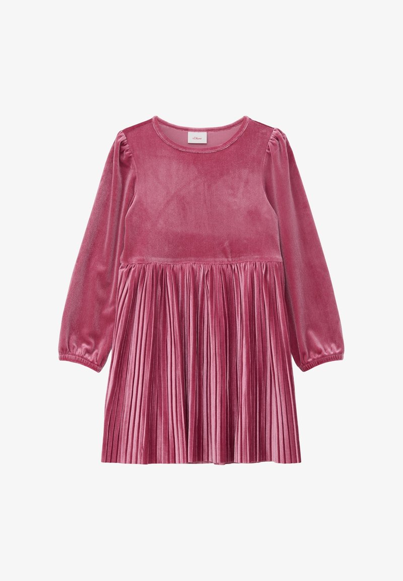 Robe pour filles en velours rose à manches longues avec un col rond et une jupe plissée.