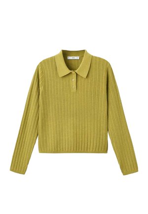 Suéter de punto acanalado verde con cuello, mangas largas y tres botones en el escote. La textura de la tela es suave y flexible.