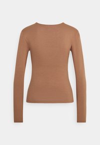 Brown long-sleeve top with a round neckline. Smooth texture and fitted design. Features minimal stitching and no visible patterns or embellishments.