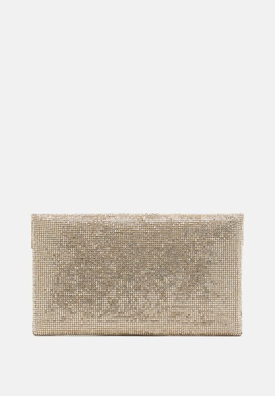 Gold clutch made of metallic mesh fabric, featuring a smooth rectangular shape with shimmering crystal accents throughout the surface.