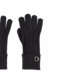 Czarne dziergane rękawiczki z wzorem splotu na wierzchu i ściągaczami przy mankietach. Na jednym mankiecie znajduje się metaliczna literowa ozdoba.