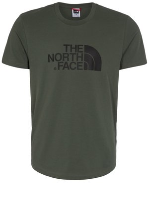 Ciemnozielona koszulka z krótkim rękawem i okrągłym dekoltem, z czarnym logo "THE NORTH FACE" oraz wzorem półkuli centralnie umieszczonym na klatce piersiowej.