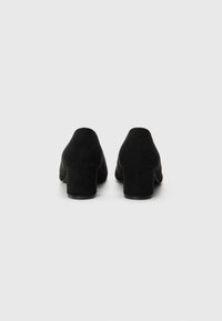 Black suede high-heeled shoes with a square toe and block heel, featuring a smooth texture and minimalist design.