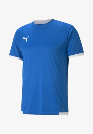 T-shirt de sport bleu à manches courtes avec une bordure blanche sur les manches et le col, avec un logo Puma blanc sur la poitrine droite.