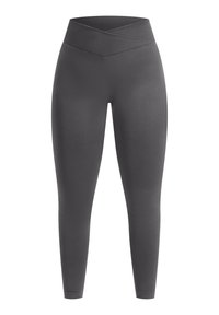 Leggings de cintura alta en gris oscuro, fabricados con una tela elástica. Presentan un diseño de cinturilla cruzada y una forma de pierna ajustada.