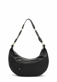 Borsa a spalla in pelle nera con forma curvilinea, dotata di una tasca con zip e di una tracolla regolabile con accentuazioni in metallo dorato.