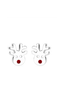 Rektangulära studs av silverfärgad metall i form av renar med röd kristallnäsa, prydda med detaljer i form av horn och släta, polerade ytor.