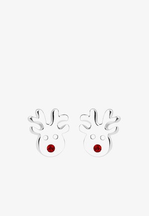 Sølvfarvede rævne ørestikker med rød krystal næse, der har hjorteformede detaljer og glatte, polished overflader.