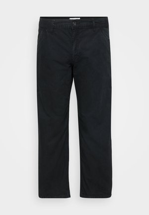 Black cotton trousers with a straight-leg design, featuring front pockets, a button closure, and a subtle texture.