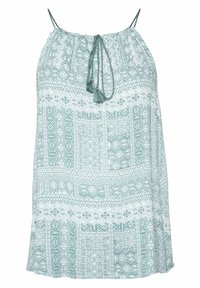 Haut d'été sans manches turquoise et blanc à motifs, avec fines bretelles tressées et lien à pompons au niveau de l'encolure.