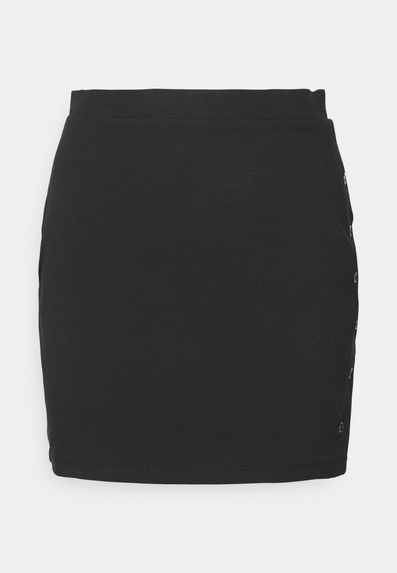 Saia de malha preta com uma forma ajustada, apresentando uma textura suave e uma linha de botões decorativos ao longo do lado para um detalhe adicional.