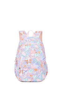 Zaino con colori pastello che presenta un motivo di forme astratte in rosa, blu e arancione, dotato di spallacci imbottiti e due scomparti con zip.