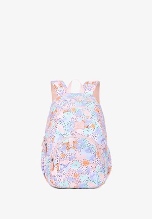 Sac à dos aux couleurs pastel présentant un motif de formes abstraites en rose, bleu et orange, avec des bretelles rembourrées et deux compartiments zippés.