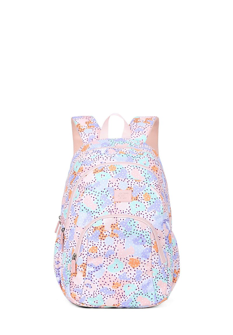 Zaino con colori pastello che presenta un motivo di forme astratte in rosa, blu e arancione, dotato di spallacci imbottiti e due scomparti con zip.