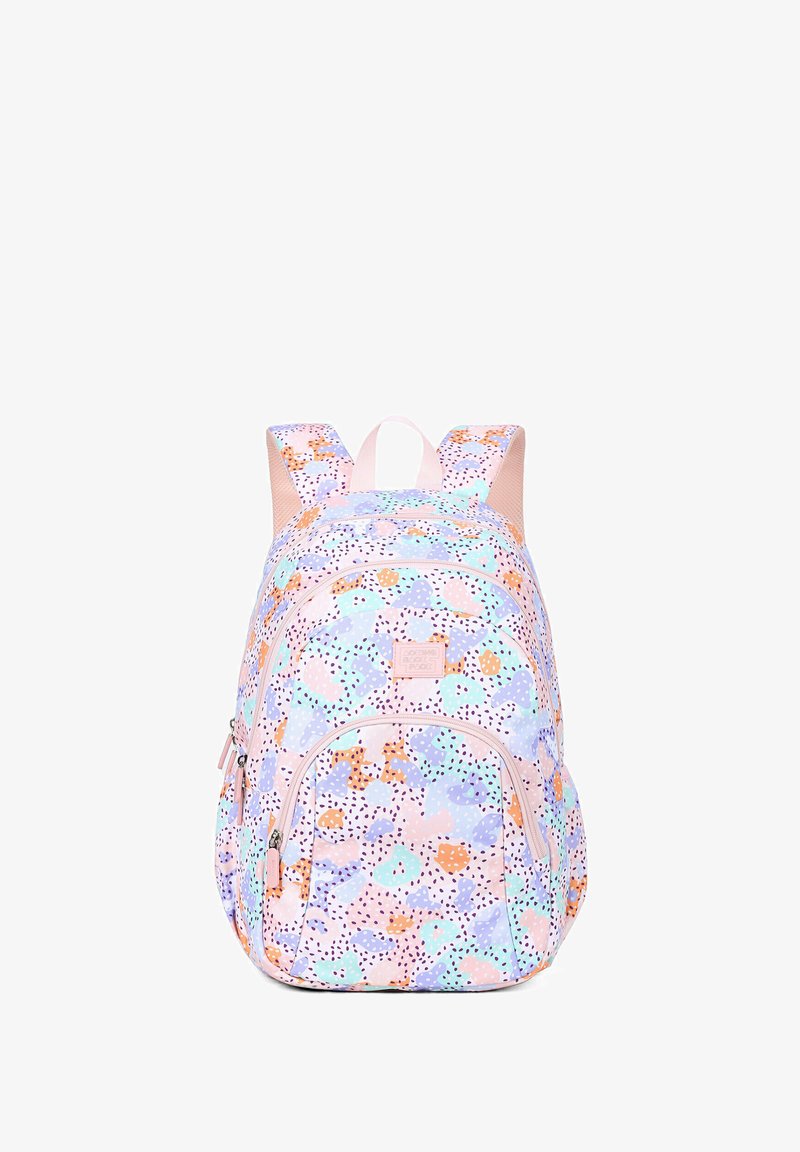 Rugzak met pastelkleuren, versierd met een patroon van abstracte vormen in roze, blauw en oranje, met gevoerde schouderbanden en twee ritscompartimenten.