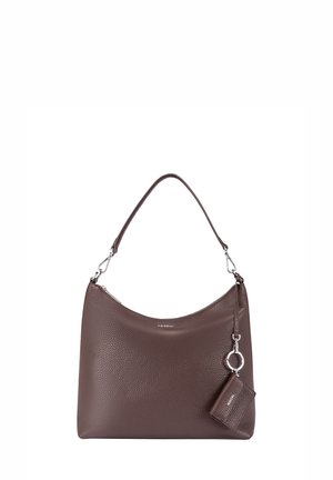 Brown pebbled leather handbag with a curved silhouette, detachable wristlet, and silver hardware. Smooth texture with a zip closure.