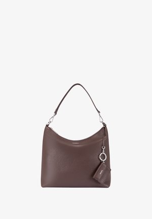 Brown pebbled leather handbag with a curved silhouette, detachable wristlet, and silver hardware. Smooth texture with a zip closure.