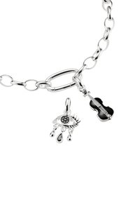 Silberne Kettenarmband mit zwei Anhängern: einem schwarzen und silbernen Auge mit Tränen sowie einer schwarzen Violine mit silbernen Details.